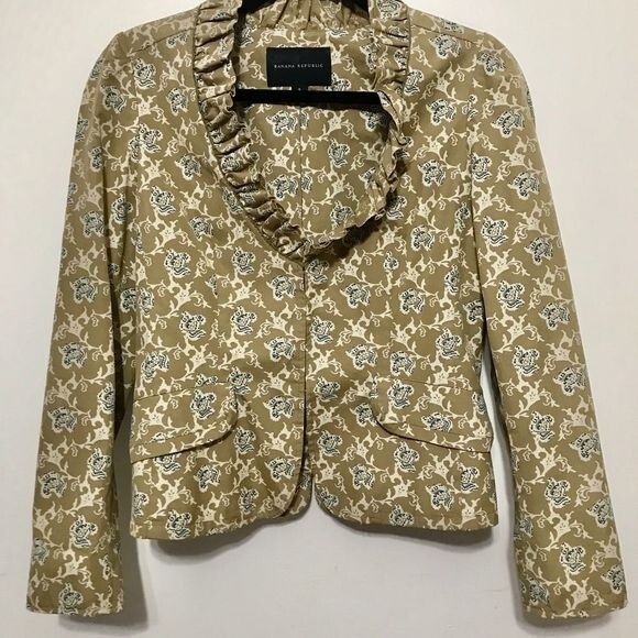 Banana Republic blazer khaki Tan floral print Ruffled V-neck jacket size S - Picture 1 of 7